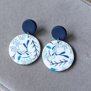 Navy and White Leaf Design Earrings